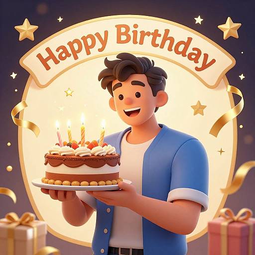 Digital illustration of a smiling young man with dark hair, wearing a blue shirt and white tee, holding a layered birthday cake with candles, against a 
