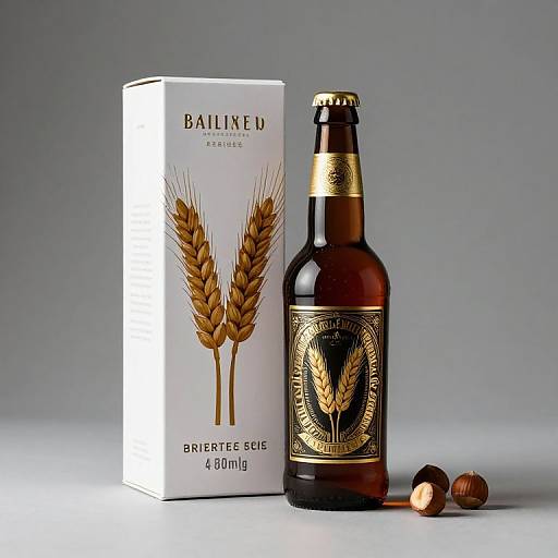 Photograph of a brown beer bottle with gold wheat emblem, labeled 