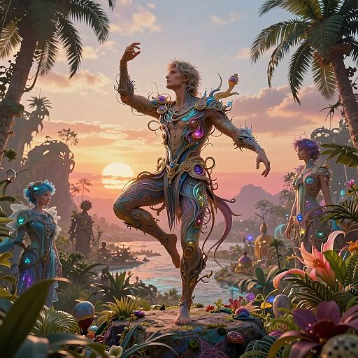 Digital fantasy artwork: Silhouetted, ethereal dancer with glowing, ornate attire and purple accents, dancing in a vibrant, tropical sunset garden