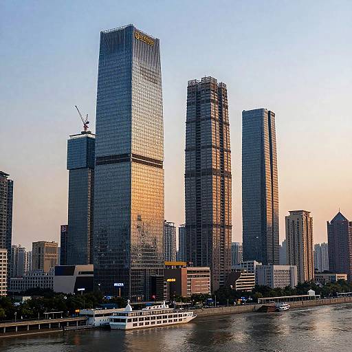 Photograph of a cityscape at sunset featuring three tall, reflective glass skyscrapers along a river, with a white riverboat docked in the