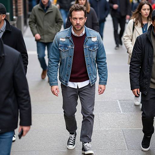Photograph of a bearded man in a distressed denim jacket, black pants, and white shirt, walking in a busy urban street. Background includes blurred