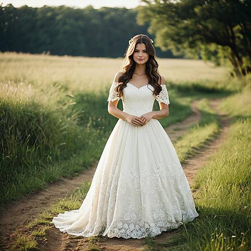 Young woman in lace wedding dress outdoors