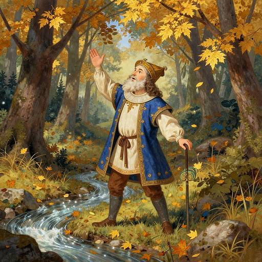 Illustration of a bearded man in medieval attire, blue vest, brown pants, and hat, raising hand in autumn forest, holding staff, near