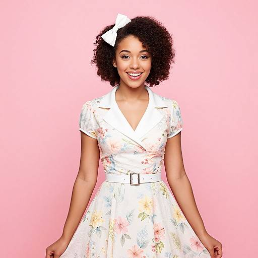 Joyful Woman in Vintage Floral Dress
