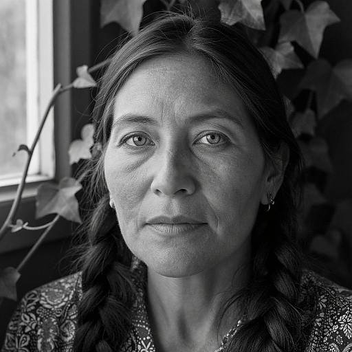 Black-and-white photograph of a middle-aged woman with long, wavy hair, wearing a patterned top, standing by a window with ivy in