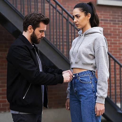 Man Adjusting Woman's Jeans Waistband Outdoors