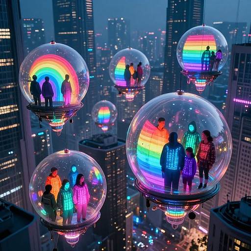Photograph: Neon-lit, transparent bubbles with rainbow interiors hover above a cityscape, each bubble containing colorful, silhouetted people in glowing