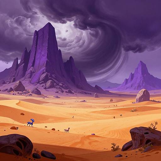 Digital artwork of a desert with orange sand, purple mountains, and a dark swirling storm cloud overhead. A blue dragon and a small green lizard roam the