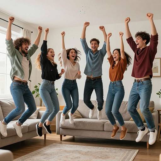 Six diverse friends jumping joyfully in a bright living room, wearing casual jeans and shirts, arms raised, smiling, sunlight streaming through windows. Photographic