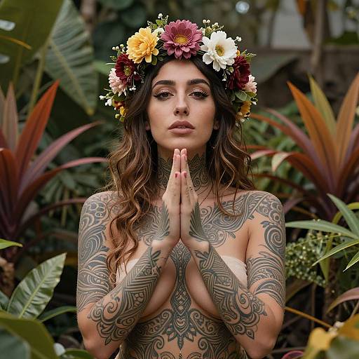 Tattooed woman with long brown hair, wearing a floral crown, praying with hands together, surrounded by lush greenery and colorful flowers. Phot