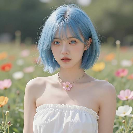 Young Woman with Pastel Blue Hair in Flower Field
