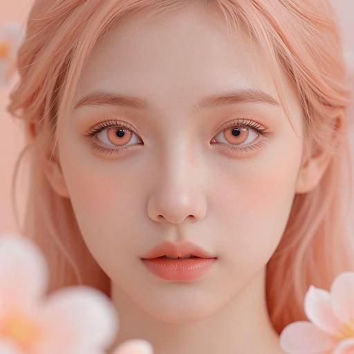Photorealistic portrait of a young woman with pink hair, fair skin, pink eyes, and pink lips, surrounded by softly blurred white flowers.