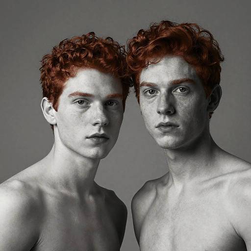 Photograph of two shirtless, identical young men with curly red hair, pale skin, and serious expressions, standing side by side against a gray background