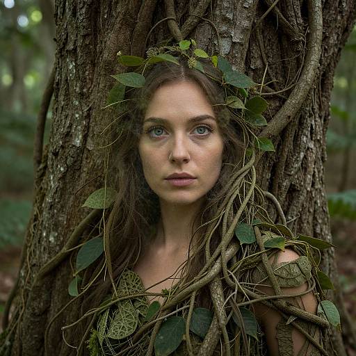 Photograph of a young woman with blue eyes, long brown hair, and fair skin, surrounded by tree vines and leaves, standing against a tree trunk