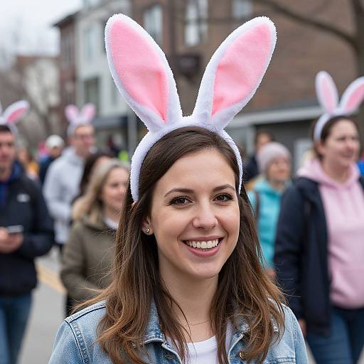 Photograph of a smiling young woman with brown hair, wearing white bunny ears with pink interiors, blue denim jacket, standing in a blurred street crowd.
