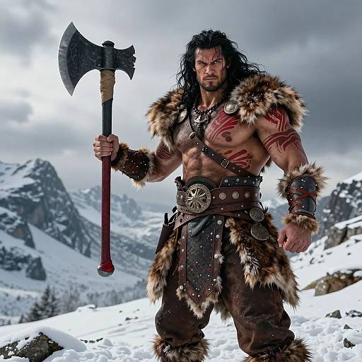 Photorealistic digital art: Muscular, tattooed Viking warrior with long black hair, fur-clad, holding a double-headed axe, standing in