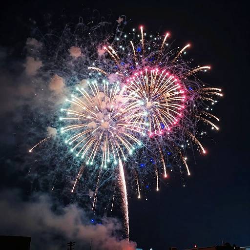 Photograph of vibrant fireworks exploding in the night sky, featuring colorful bursts of red, blue, and white against a dark background with scattered clouds.