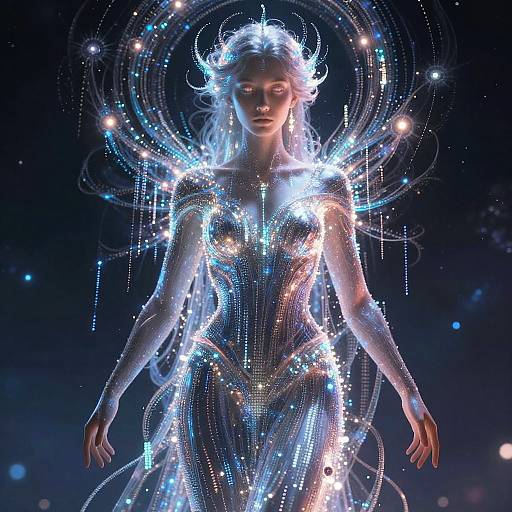 Digital art of a glowing, ethereal woman with white hair, wearing a shimmering, silver-blue, beaded dress, surrounded by radiant, circular