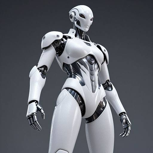 CGI-rendered, futuristic, white and black female humanoid robot with sleek design, glossy texture, and metallic joints, standing against a dark gradient background
