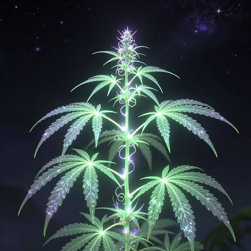 Glowing neon green cannabis plant with luminous leaves against a starry night sky, featuring a spiral DNA-like pattern at the center. Digital art