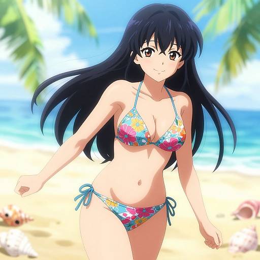 Anime-style illustration of a smiling, black-haired woman with large eyes, wearing a colorful floral bikini, standing on a sunny beach with palm trees and ocean
