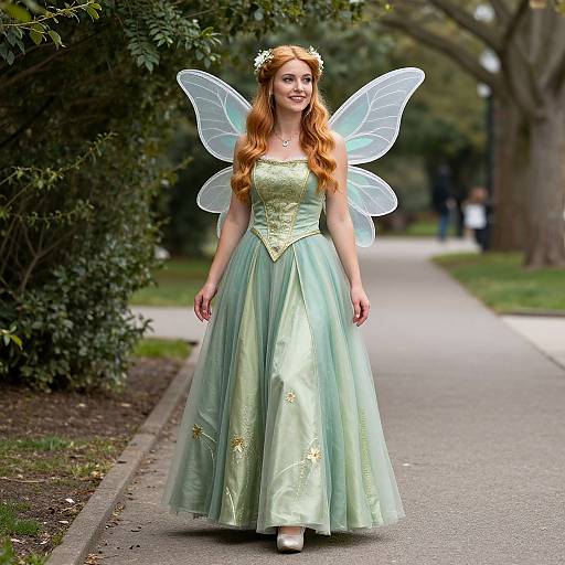 Photograph of a smiling woman with long red hair, fairy wings, and a green satin gown with gold embroidery, walking on a park path.