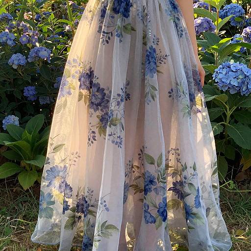 Photograph of a person's lower body in a sheer, floral-patterned dress, standing amidst vibrant blue hydrangeas in a sunlit garden.