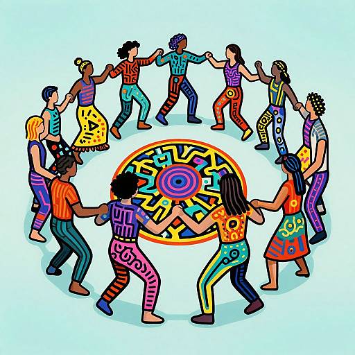 Vibrant digital illustration of diverse dancers in colorful, patterned clothes, forming a circle around a central, colorful wheel design.