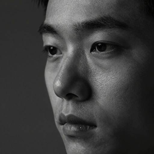 Close-up photograph of an Asian man with medium skin tone, glistening skin, serious expression, and dark, intense eyes against a dark blue background.