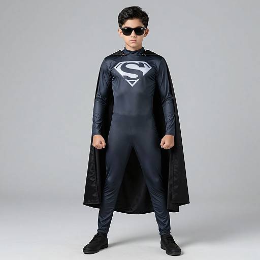 Photograph of a young man with short black hair, wearing a black Superman costume, long cape, black boots, and sunglasses, standing against a plain