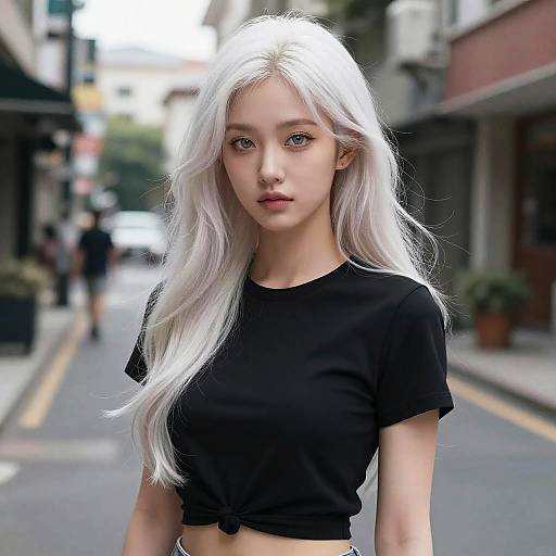 Photorealistic digital artwork of an East Asian woman with long, white hair, wearing a black crop top, standing on a blurry urban street.