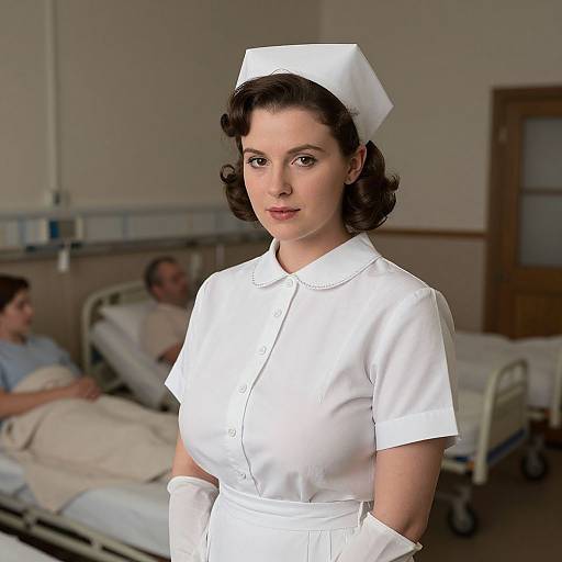 Photograph of a 1950s-style nurse with dark curly hair, white uniform, and cap, standing in a hospital room with two patients on