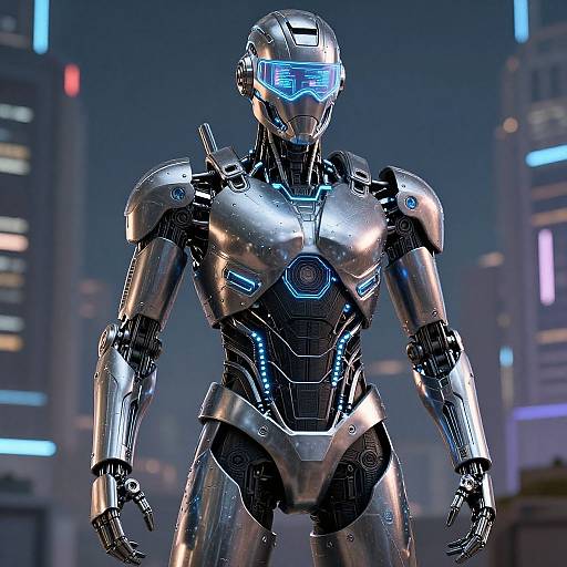 CGI image of a sleek, silver, futuristic robot with glowing blue accents, standing in a neon-lit, cyberpunk cityscape.