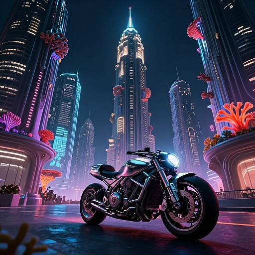 Neon-lit futuristic cityscape with towering skyscrapers, vibrant pink and blue flora, and a sleek, black motorcycle with glowing headlights in the