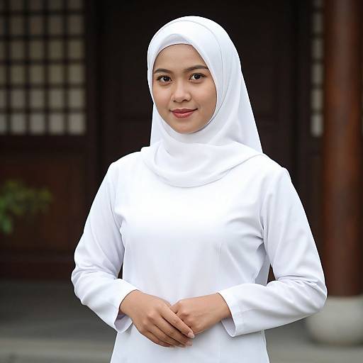 Photograph of a young Asian woman wearing a white hijab and long-sleeve abaya, standing outdoors against a traditional wooden building.
