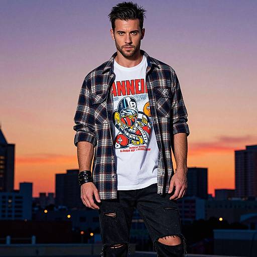 Photograph of a rugged, bearded man with spiked hair, wearing a plaid shirt over a white 