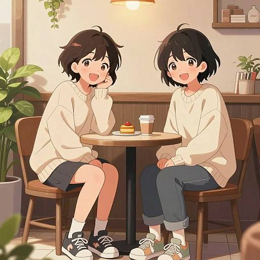 Anime-style digital drawing of two cute, black-haired girls in beige sweaters and blue jeans, sitting at a café table with a cup and slice of