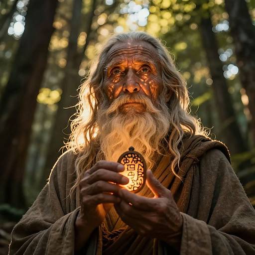 Photograph of an elderly, long-bearded man with sunken eyes, holding a glowing, ornate lantern in a forest, illuminated by warm,