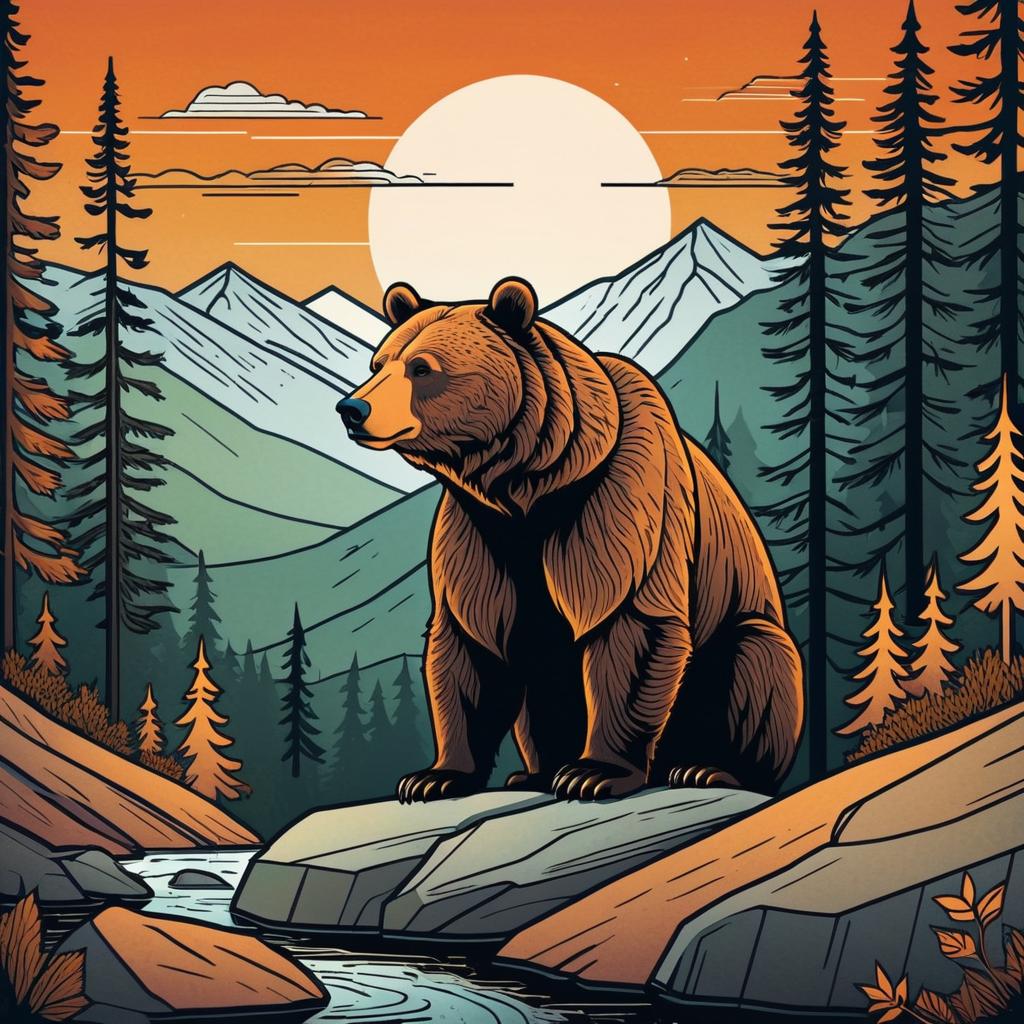 Stoic Bear in Warm Line Art Landscape