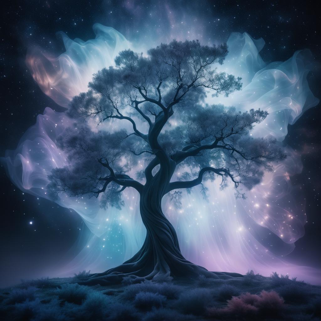 Mystical Tree in Ethereal Nebula Atmosphere