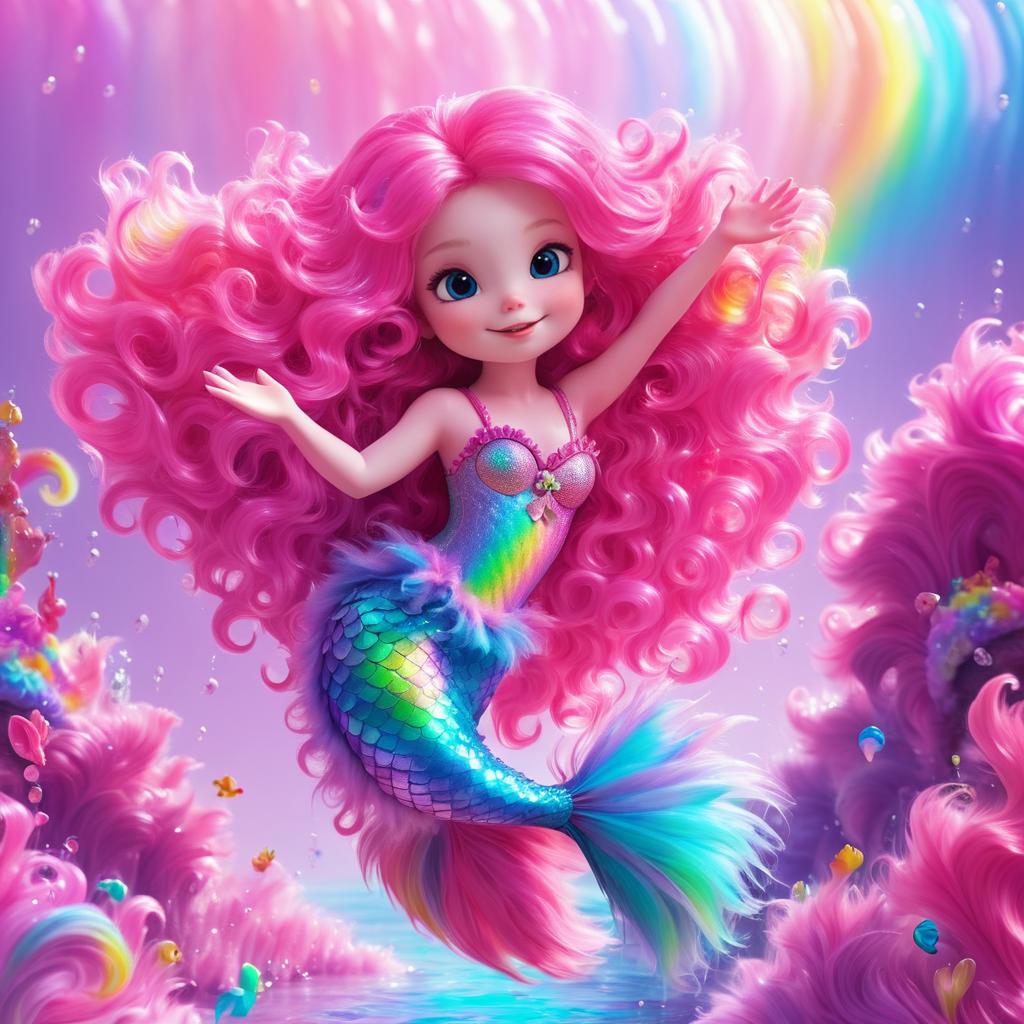 Whimsical Pink Fluffy Mermaid on Rainbows