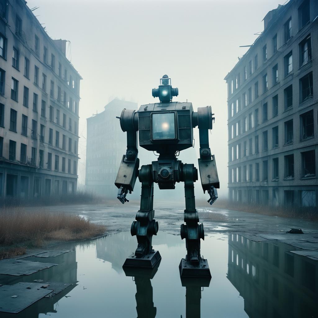 Eerie Mech in Abandoned Cityscape