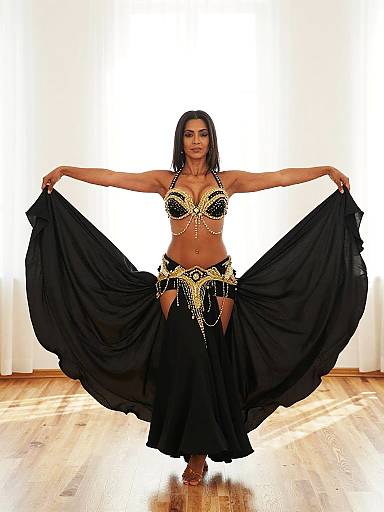 Belly dancer in black and gold costume performing in studio