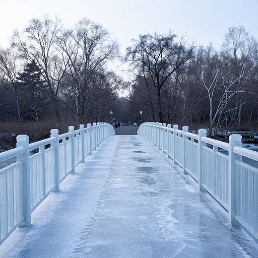 Photograph of a white, wooden footbridge covered in ice, flanked by bare trees, in a winter landscape with a blue sky.