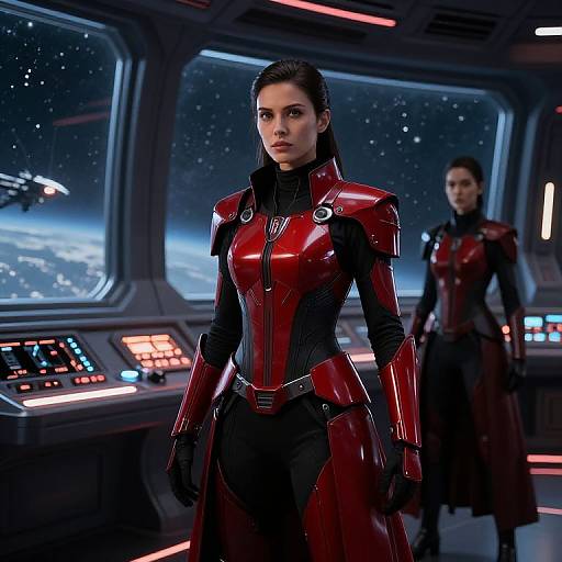 Photograph-style CGI of two women in futuristic red and black armored suits in a spaceship control room with starry space view.