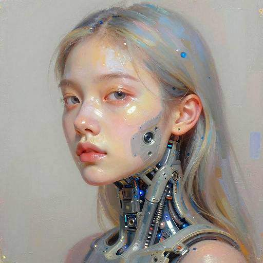 Digital painting of a young girl with long, blonde hair, cybernetic neck, glowing blue accents, and pale, flawless skin against a light,