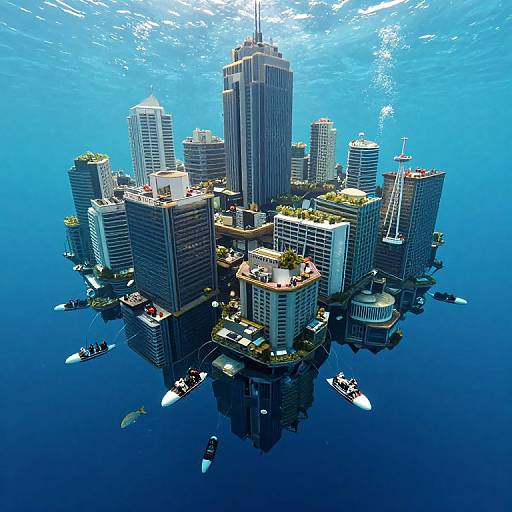 Underwater CGI of a futuristic cityscape with tall skyscrapers, surrounded by boats, and illuminated by sunlight from above.