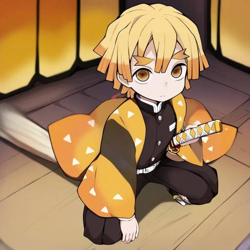 Illustration of Agatsuma zenitsu, kimetsu no yaiba in the style of Morino donguri