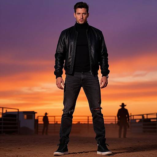 Photograph of a muscular, bearded man in a black leather jacket, black turtleneck, and jeans, standing against a vibrant orange and purple