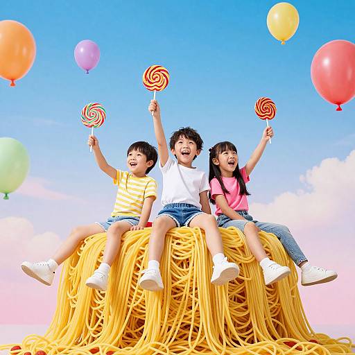 Photograph of three children sitting on a giant pile of spaghetti, holding swirl lollipops, against a bright blue sky with colorful balloons.